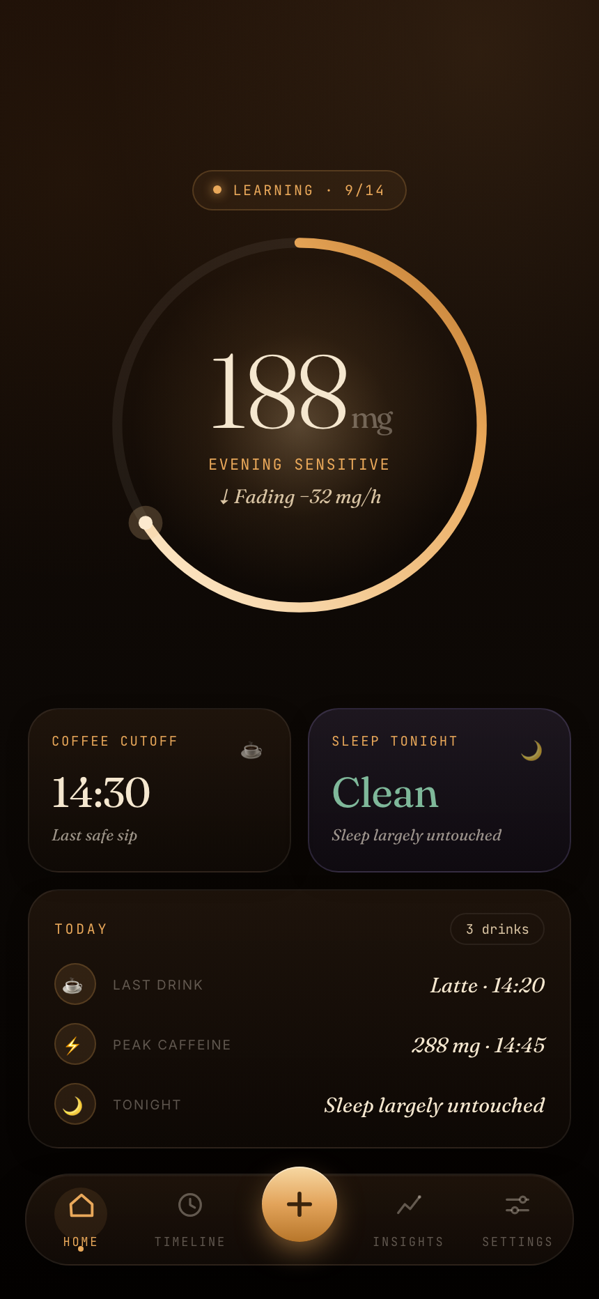 Last Cup home screen with the live caffeine ring
