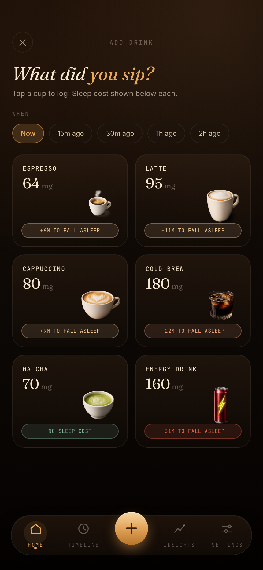 Add drink screen with per-drink sleep impact